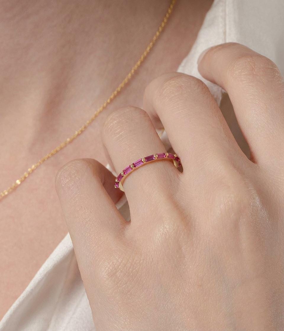 Baguette Pink Tourmaline Wedding Ring, October Birthstone Ring, Half Eternity Baguette Pink Tourmaline Ring