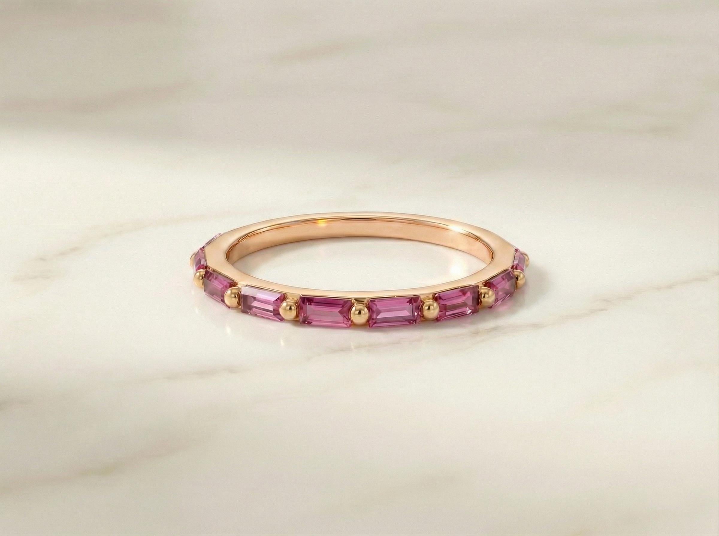 Baguette Pink Tourmaline Wedding Ring, October Birthstone Ring, Half Eternity Baguette Pink Tourmaline Ring