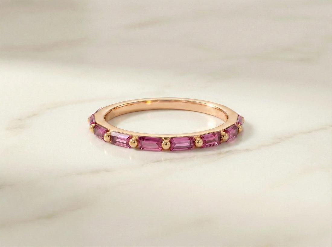 Baguette Pink Tourmaline Wedding Ring, October Birthstone Ring, Half Eternity Baguette Pink Tourmaline Ring