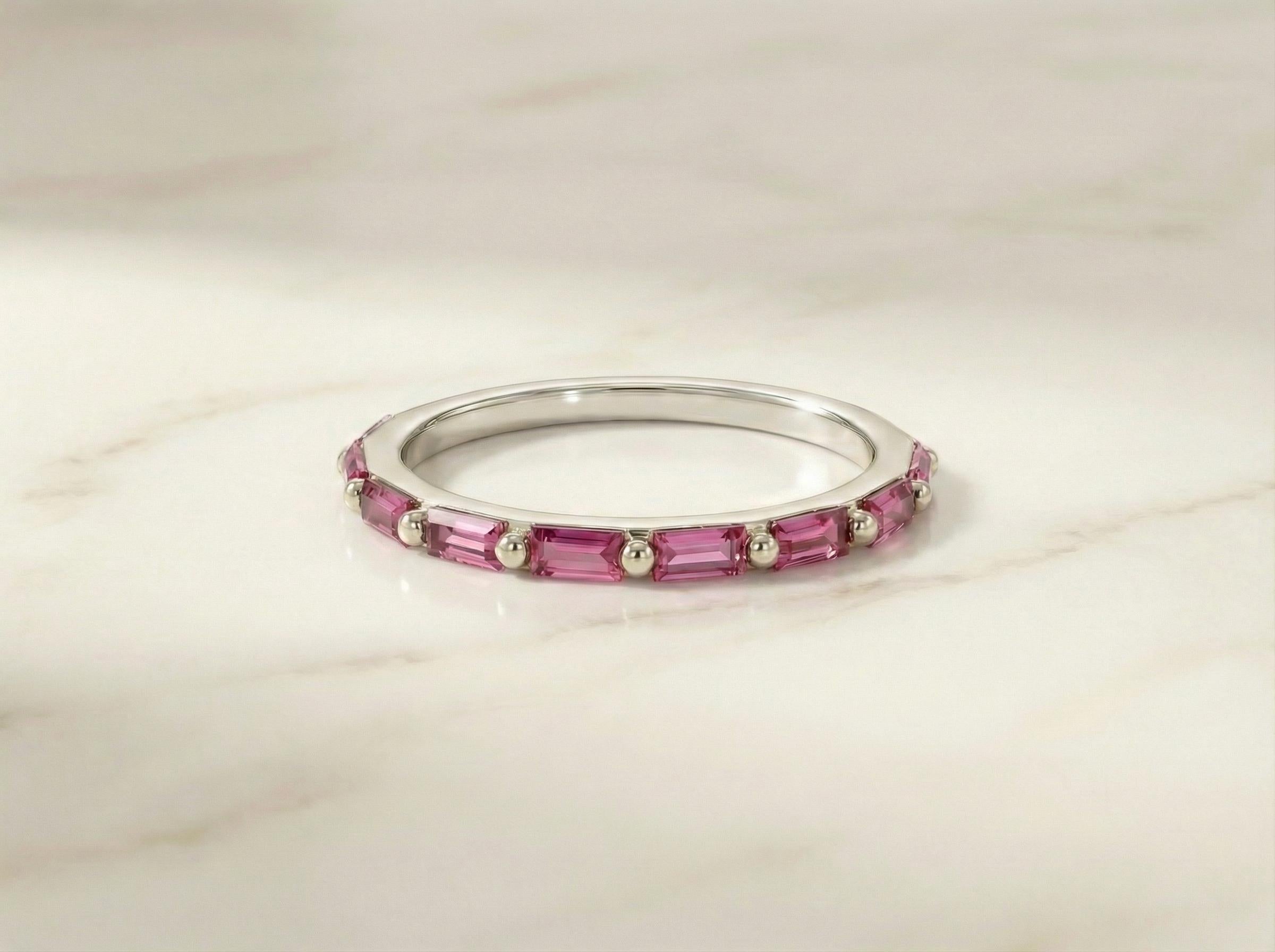 Baguette Pink Tourmaline Wedding Ring, October Birthstone Ring, Half Eternity Baguette Pink Tourmaline Ring