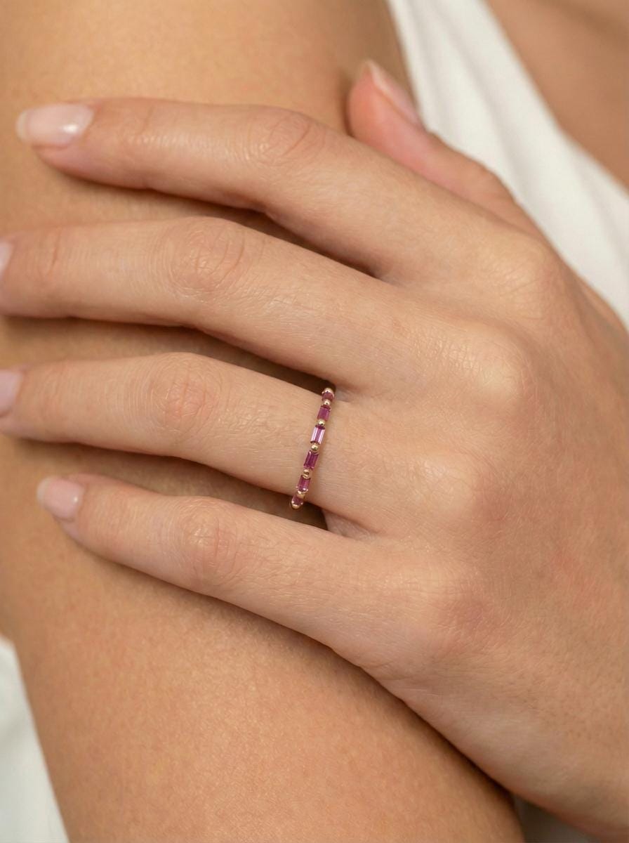 Baguette Pink Tourmaline Wedding Ring, October Birthstone Ring, Half Eternity Baguette Pink Tourmaline Ring