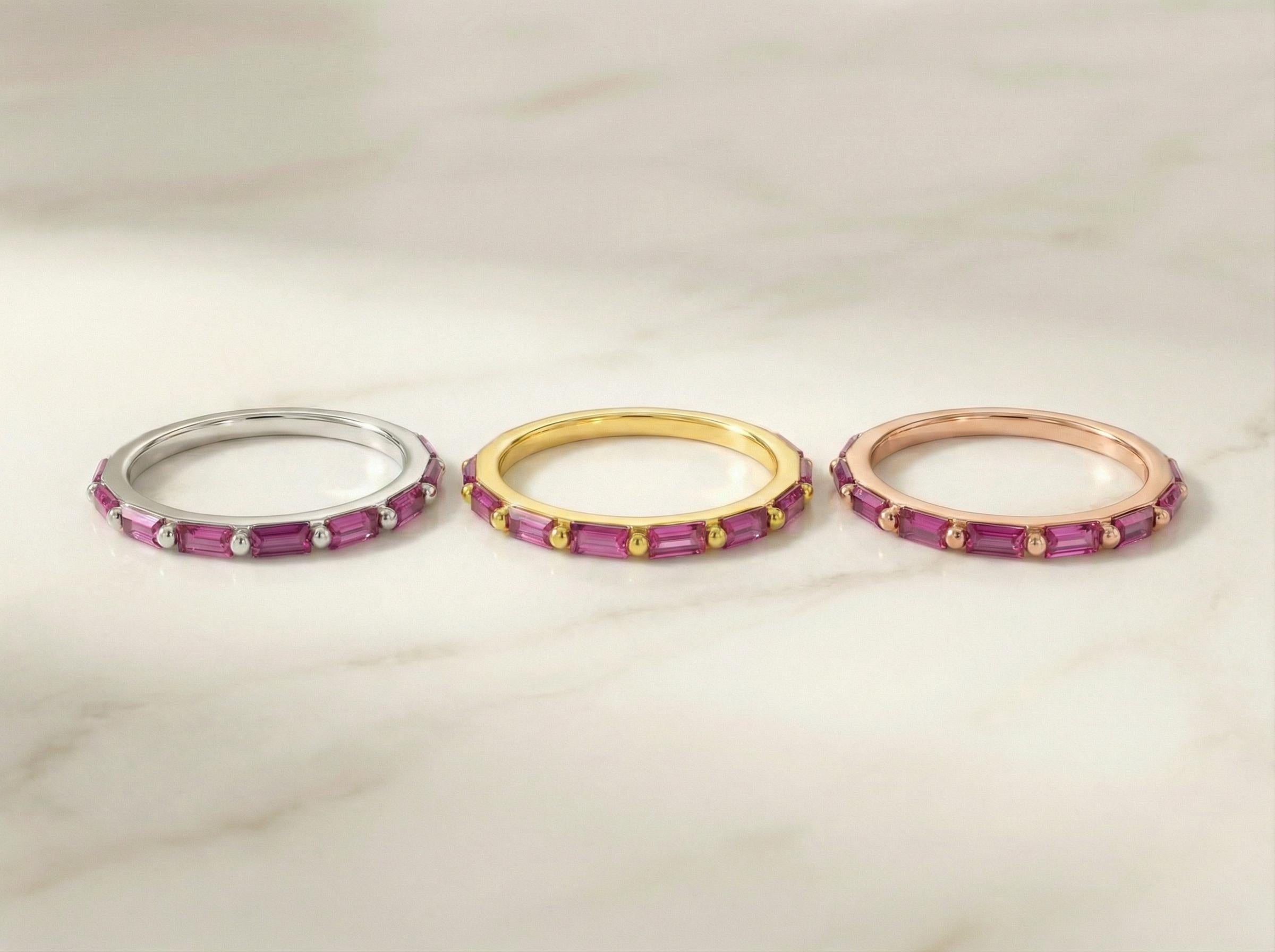 Baguette Pink Tourmaline Wedding Ring, October Birthstone Ring, Half Eternity Baguette Pink Tourmaline Ring