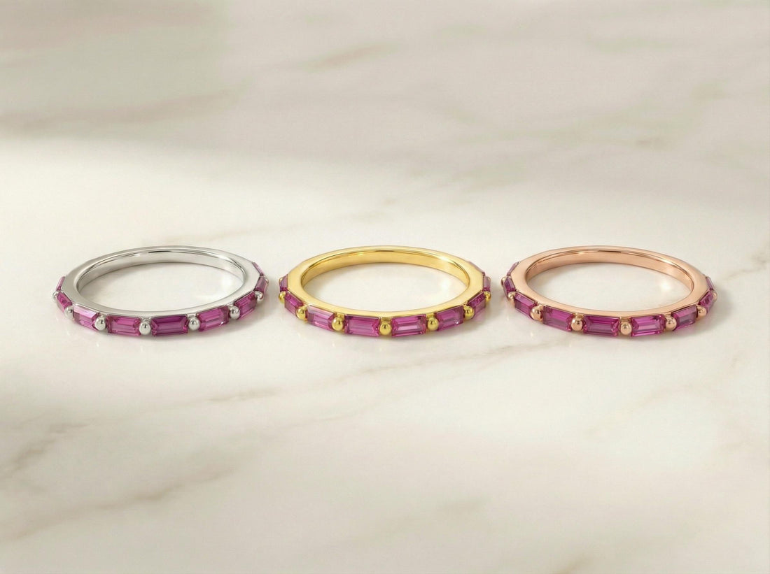 Baguette Pink Tourmaline Wedding Ring, October Birthstone Ring, Half Eternity Baguette Pink Tourmaline Ring