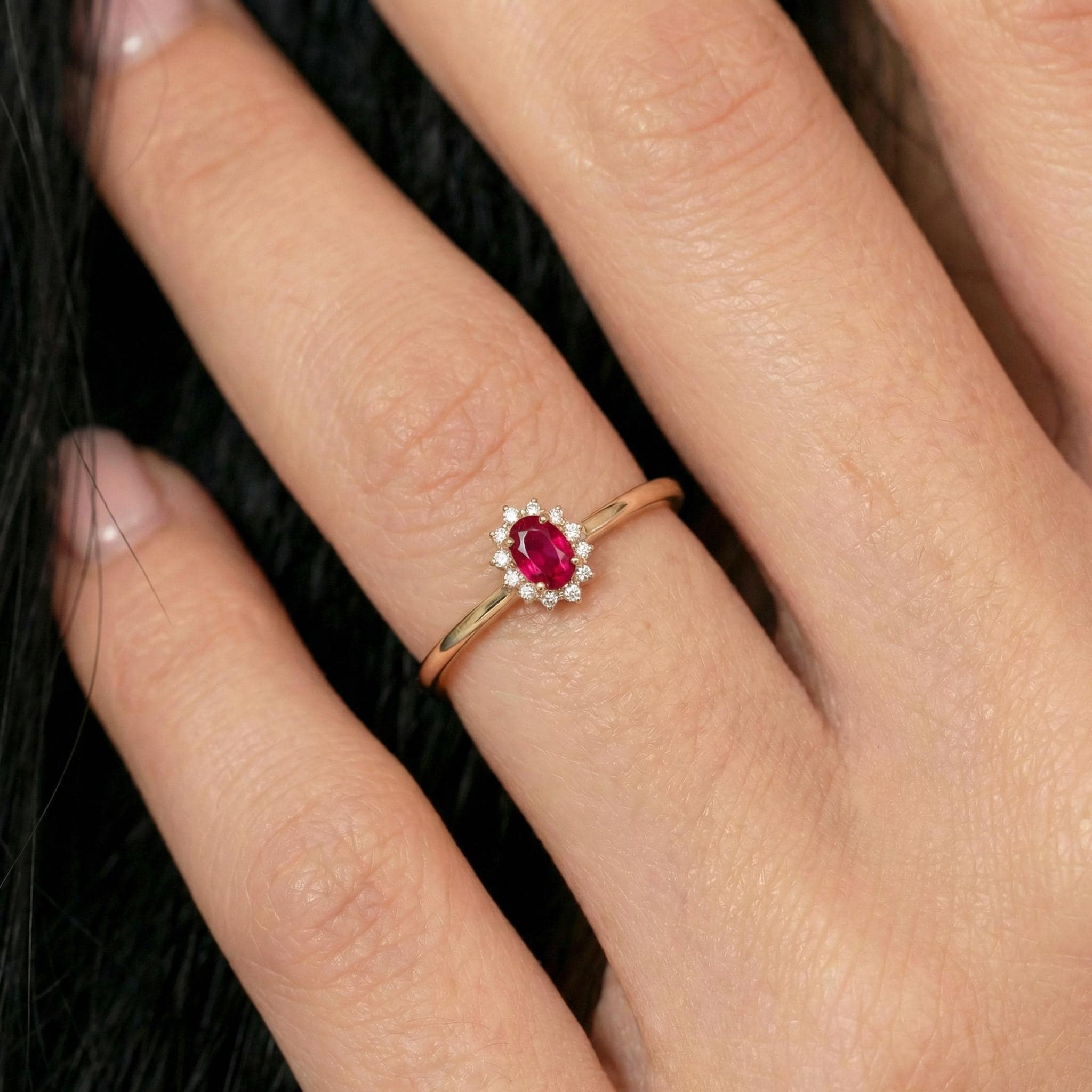 Oval Ruby Halo Ring, 14K Solid Gold Ruby Solitaire Ring, July Birthstone Ring