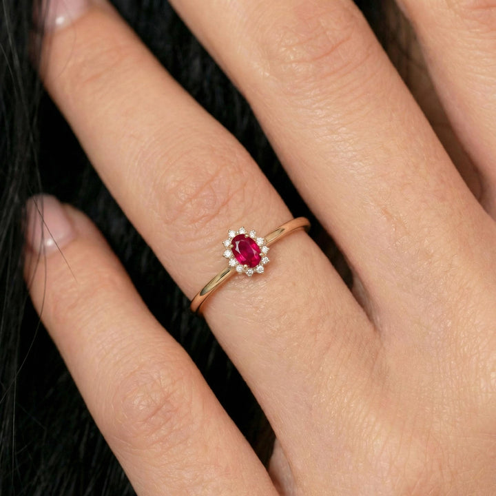 Oval Ruby Halo Ring, 14K Solid Gold Ruby Solitaire Ring, July Birthstone Ring