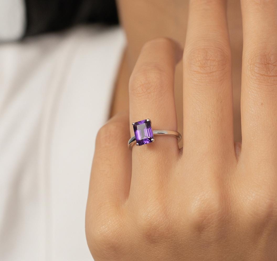 Amethyst Ring Solitaire Engagement Ring Emerald Cut February Birthstone Jewelry