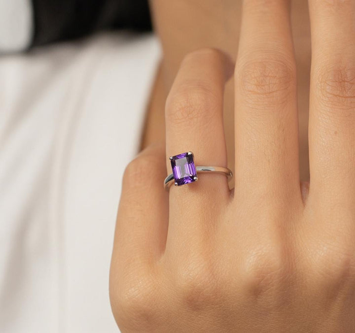 Amethyst Ring Solitaire Engagement Ring Emerald Cut February Birthstone Jewelry