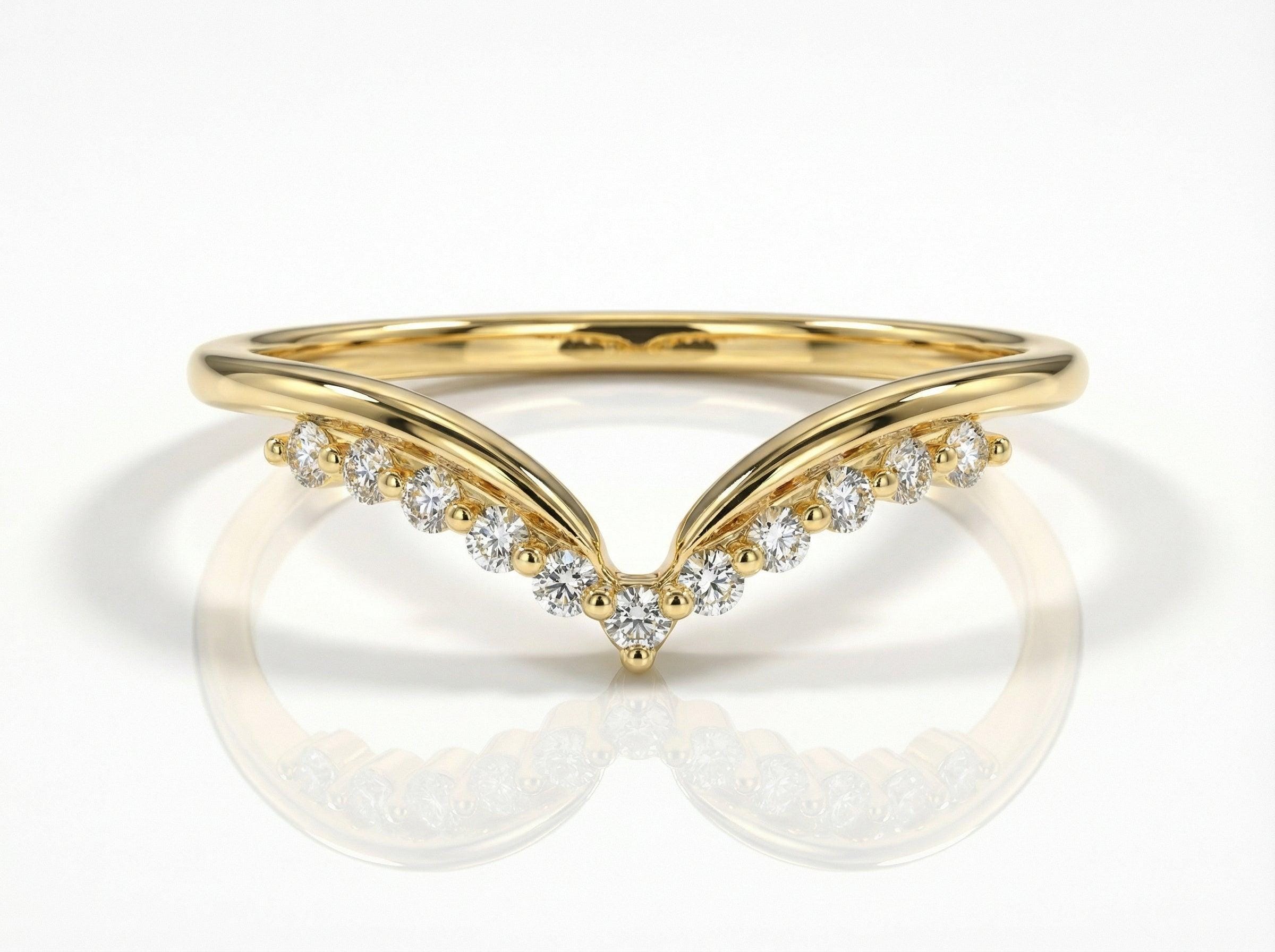 Delicate Moissanite Curved Wedding Band, Curve Stacking Ring, Matching Wedding Ring Gift for Women, Crown Ring