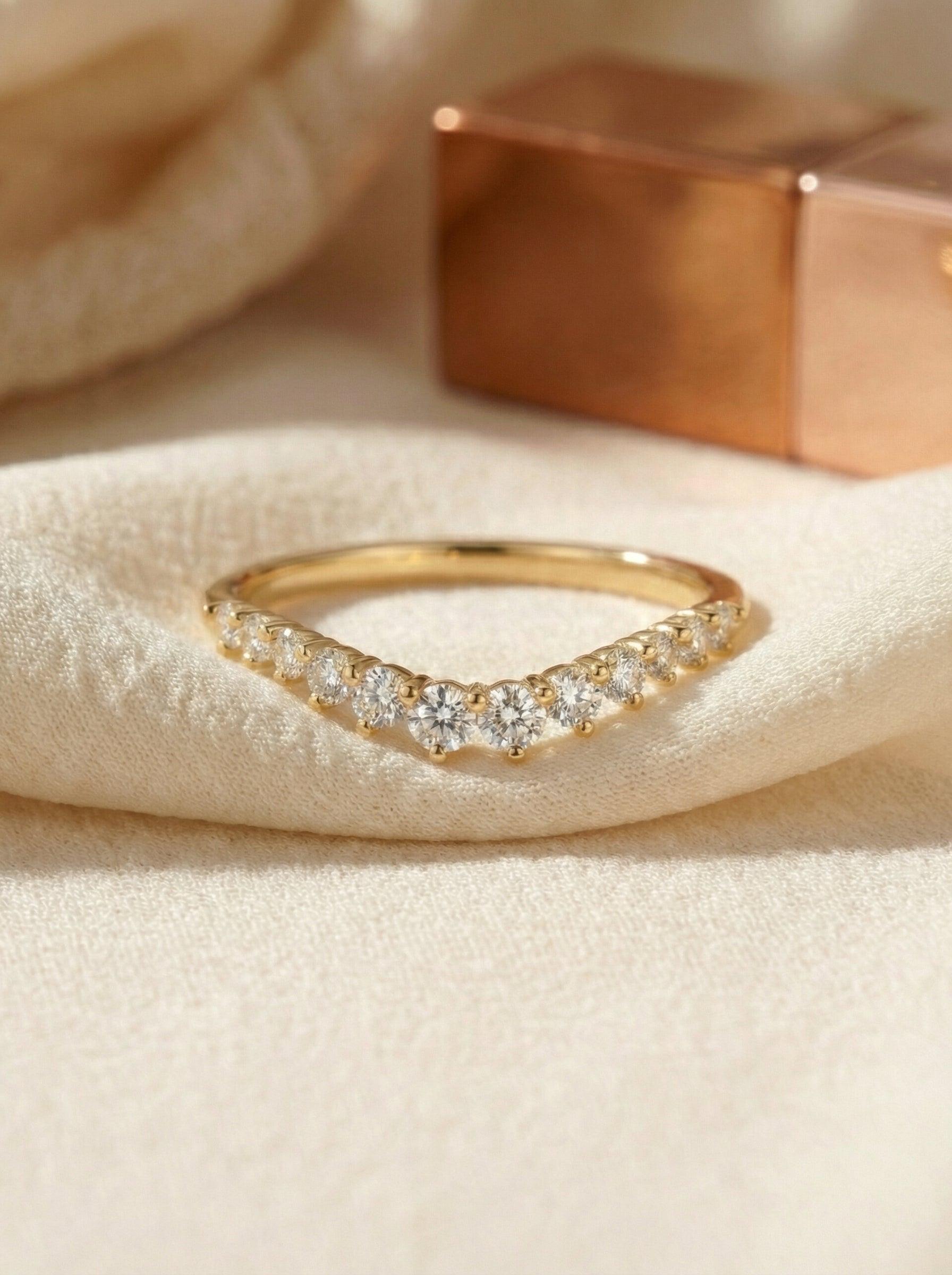 Moissanite Curved Wedding Band, Curved Stacking Ring, Moissanite Promise Ring for Women