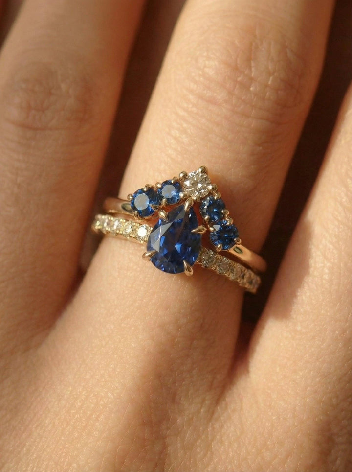 Blue Sapphire Engagement Ring Set, Vintage Pear Cut Bridal Ring, Antique Curved Wedding Band, September Birthstone Set for Her