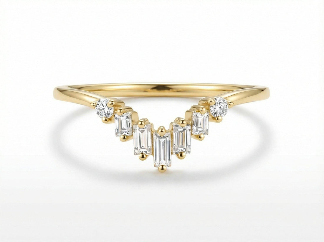 Chevron Moissanite Wedding Band, Vintage Chevron Stacking Ring, Baguette & Round Moissanite Ring for Women