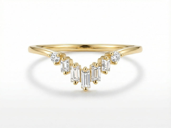 Chevron Moissanite Wedding Band, Vintage Chevron Stacking Ring, Baguette & Round Moissanite Ring for Women