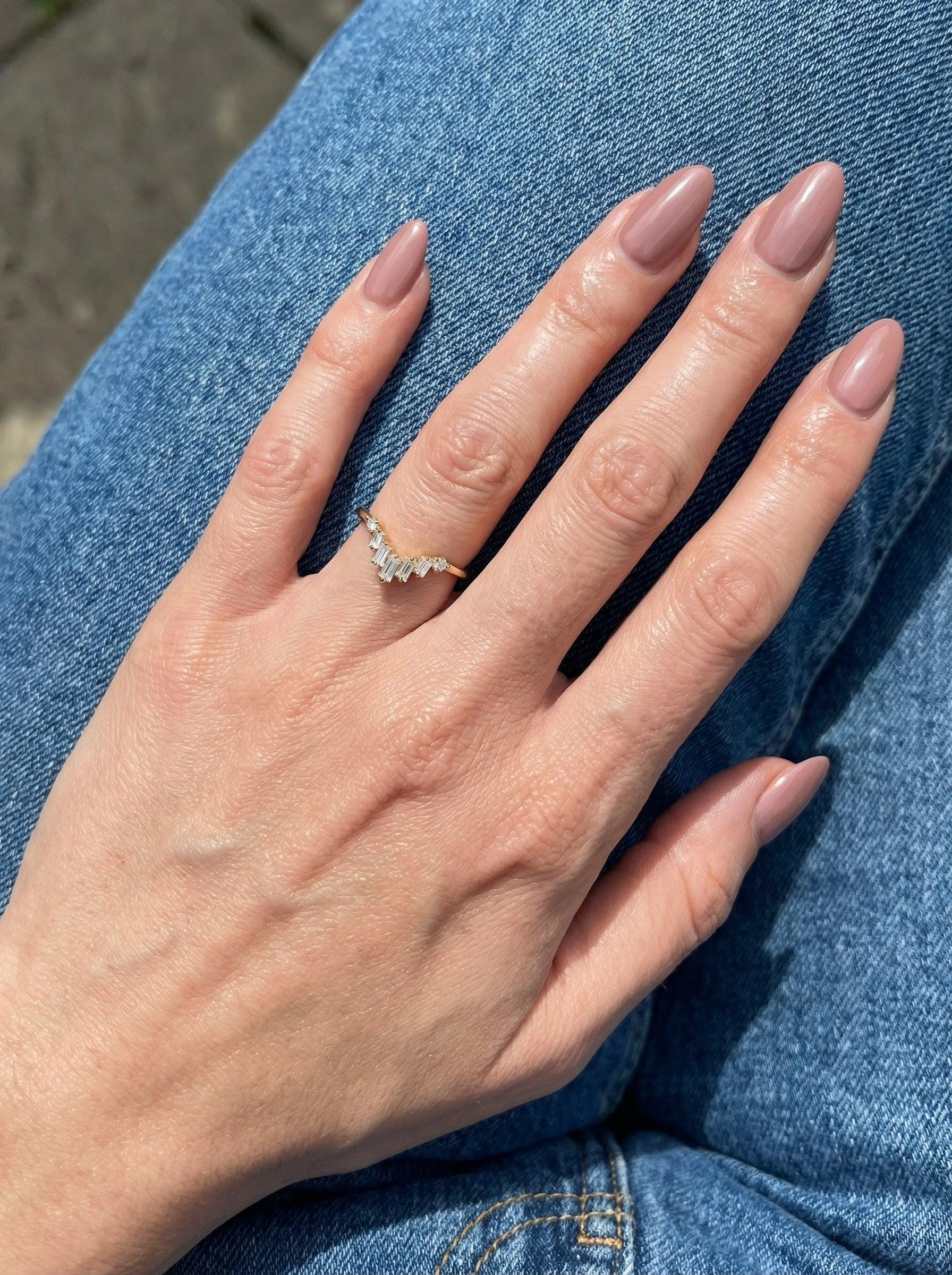 Chevron Moissanite Wedding Band, Vintage Chevron Stacking Ring, Baguette & Round Moissanite Ring for Women