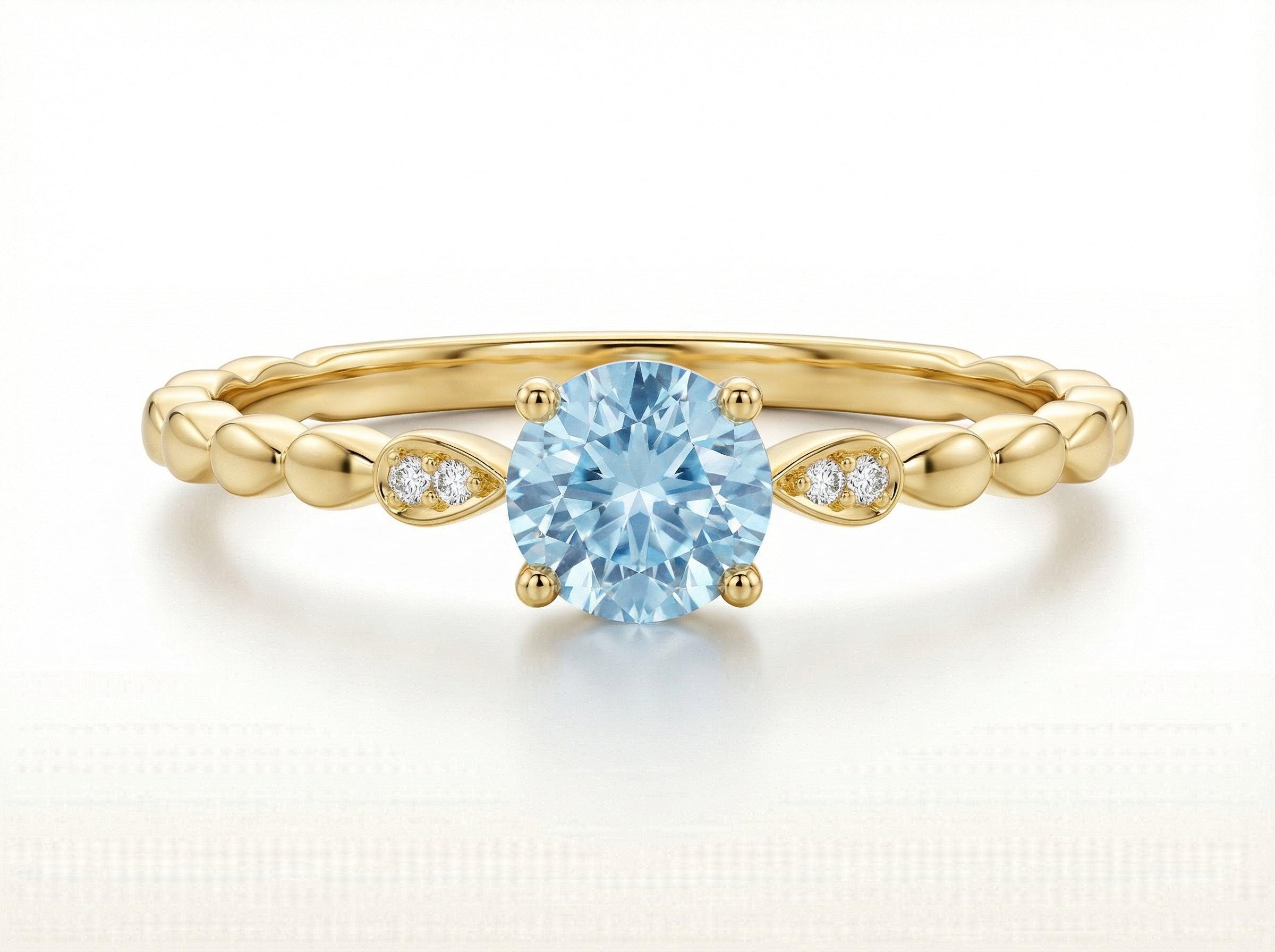 Antique Aquamarine Engagement Ring, March Birthstone Solitaire Ring, Dainty Diamond Accent Bridal Promise Ring for Her