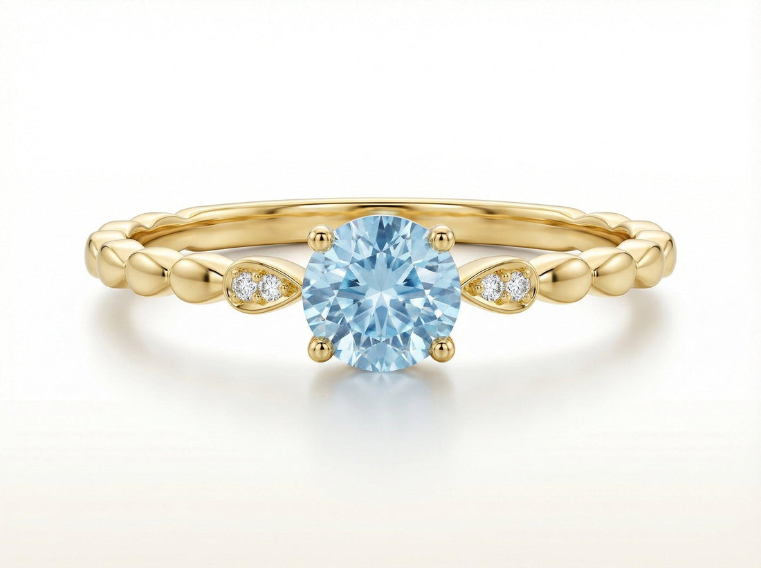 Antique Aquamarine Engagement Ring, March Birthstone Solitaire Ring, Dainty Diamond Accent Bridal Promise Ring for Her