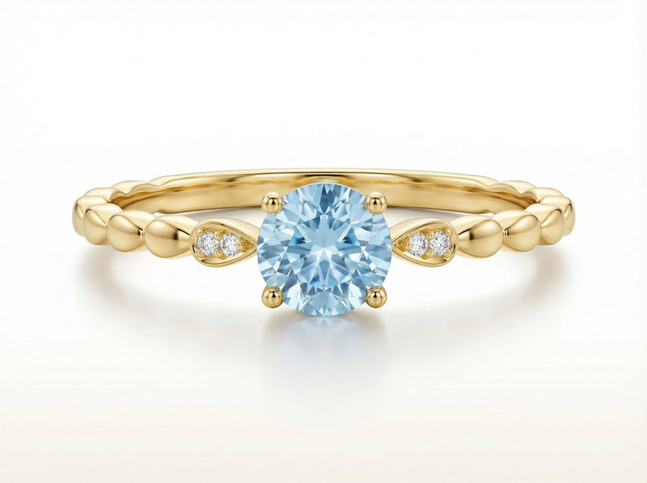 Antique Aquamarine Engagement Ring, March Birthstone Solitaire Ring, Dainty Diamond Accent Bridal Promise Ring for Her