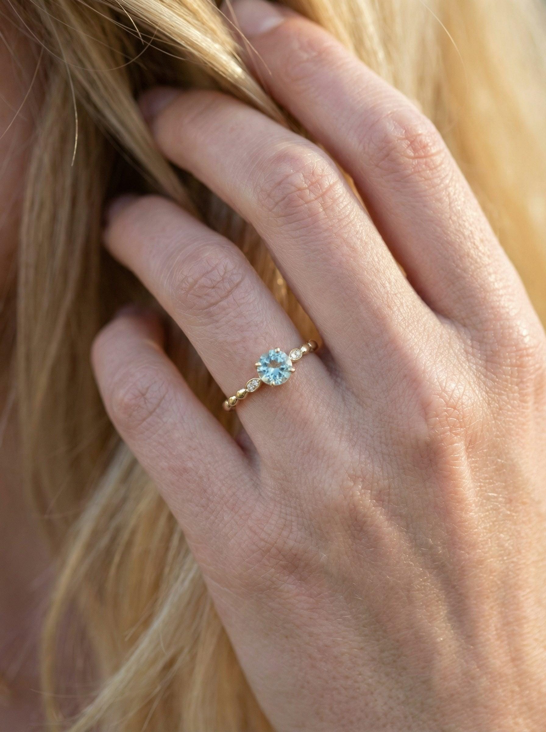 Antique Aquamarine Engagement Ring, March Birthstone Solitaire Ring, Dainty Diamond Accent Bridal Promise Ring for Her