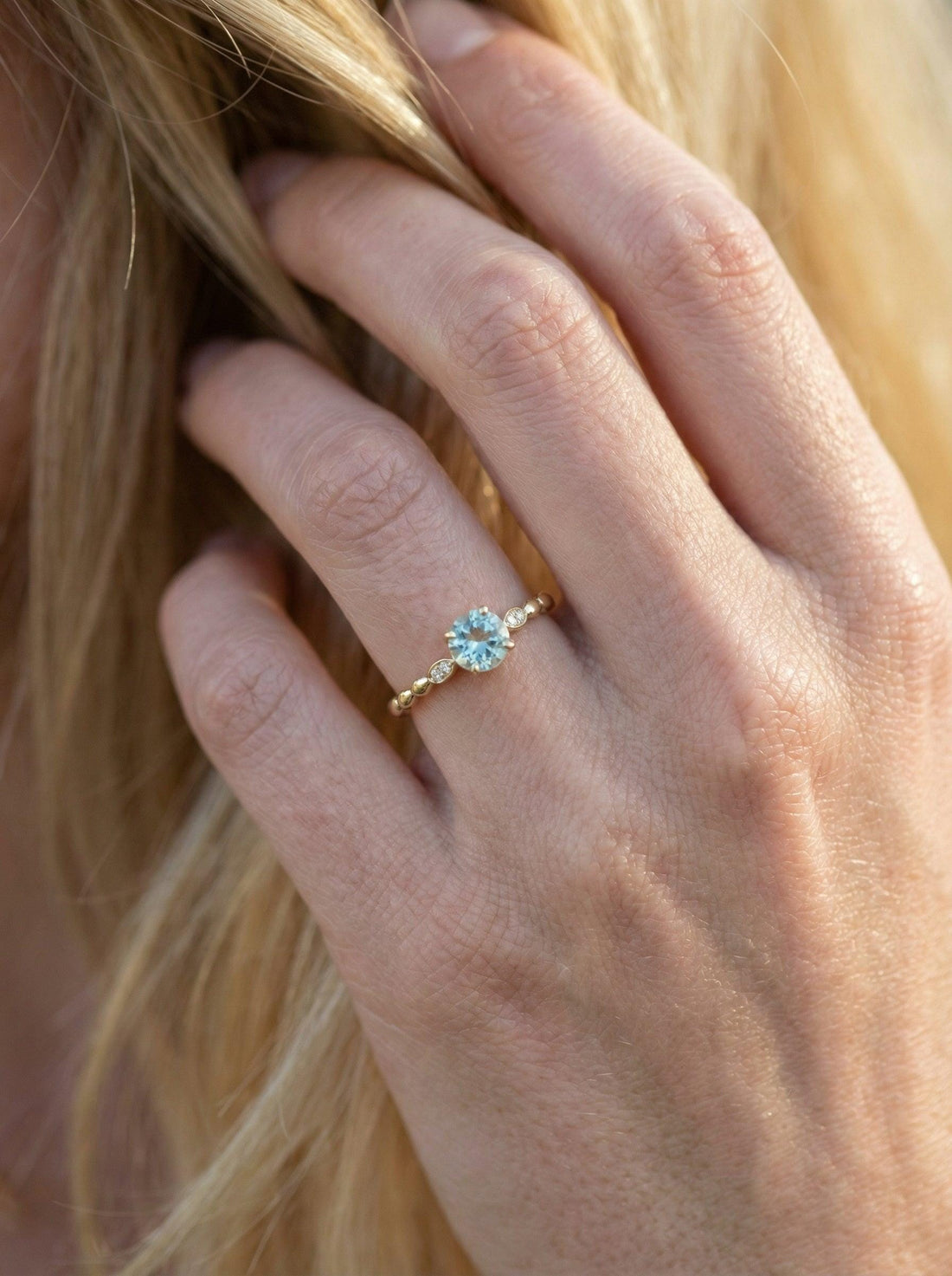 Antique Aquamarine Engagement Ring, March Birthstone Solitaire Ring, Dainty Diamond Accent Bridal Promise Ring for Her