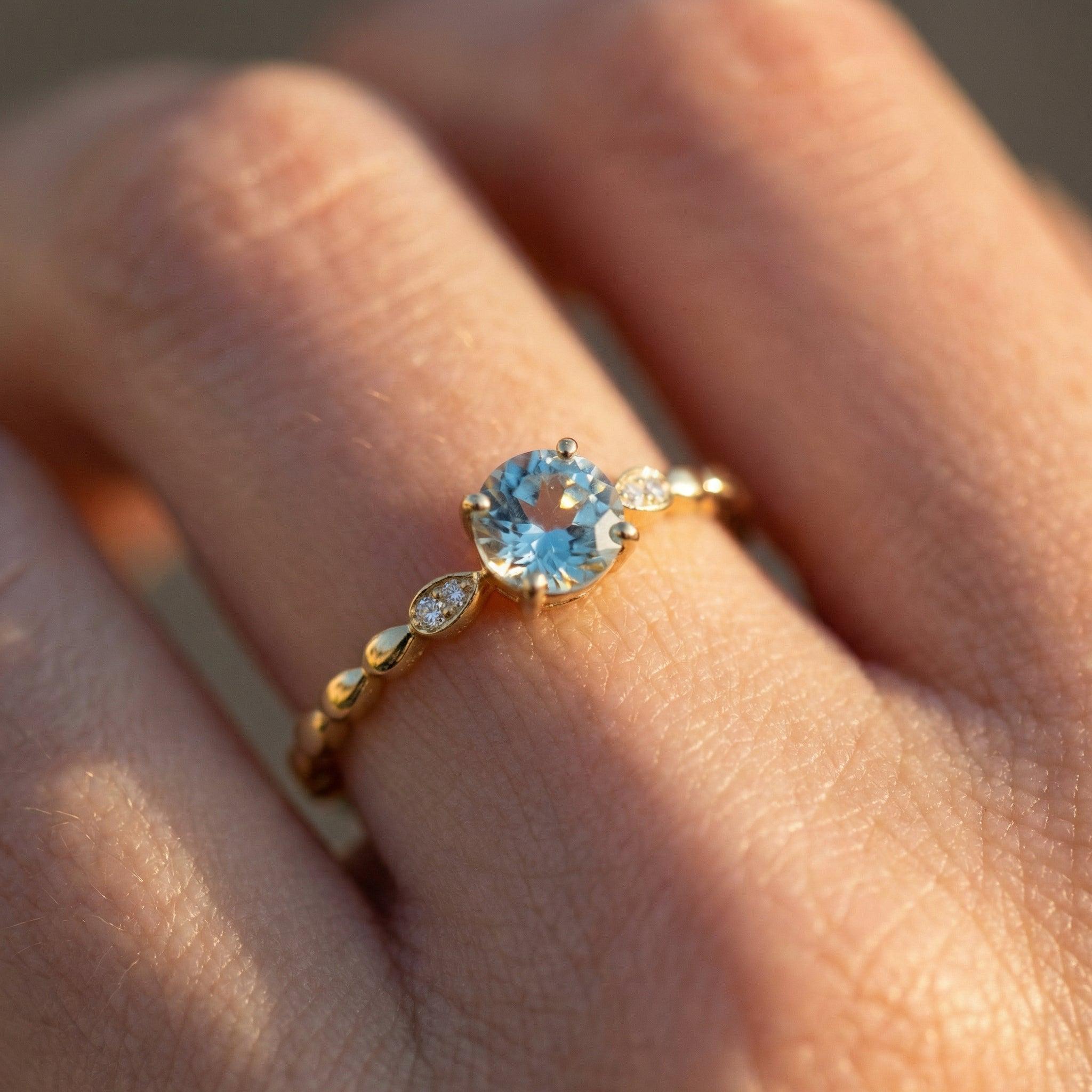Antique Aquamarine Engagement Ring, March Birthstone Solitaire Ring, Dainty Diamond Accent Bridal Promise Ring for Her