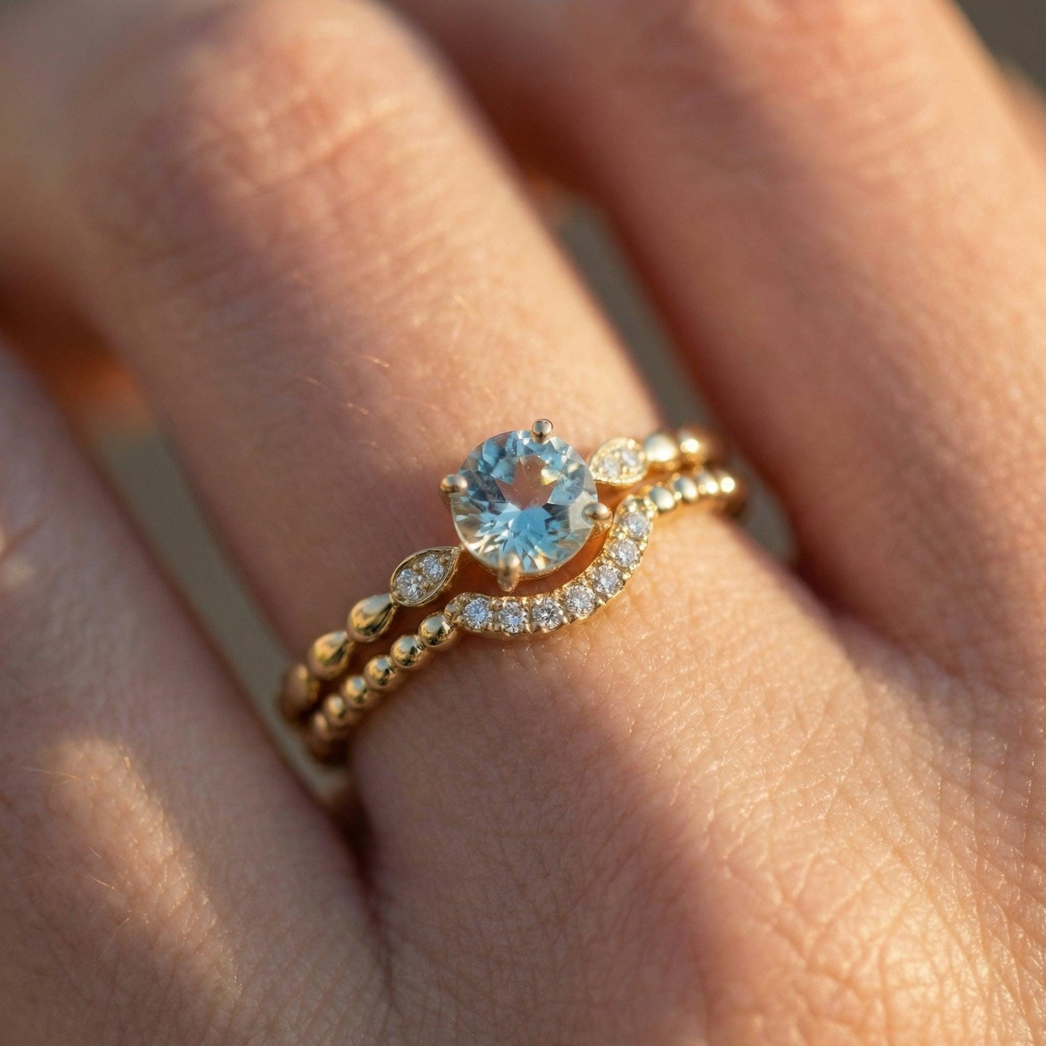 Antique Aquamarine Engagement Ring, March Birthstone Solitaire Ring, Dainty Diamond Accent Bridal Promise Ring for Her