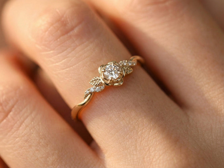 Flower Moissanite Engagement Ring, Floral Twist Promising Ring for Women, Nature Inspired Leaf Wedding Ring