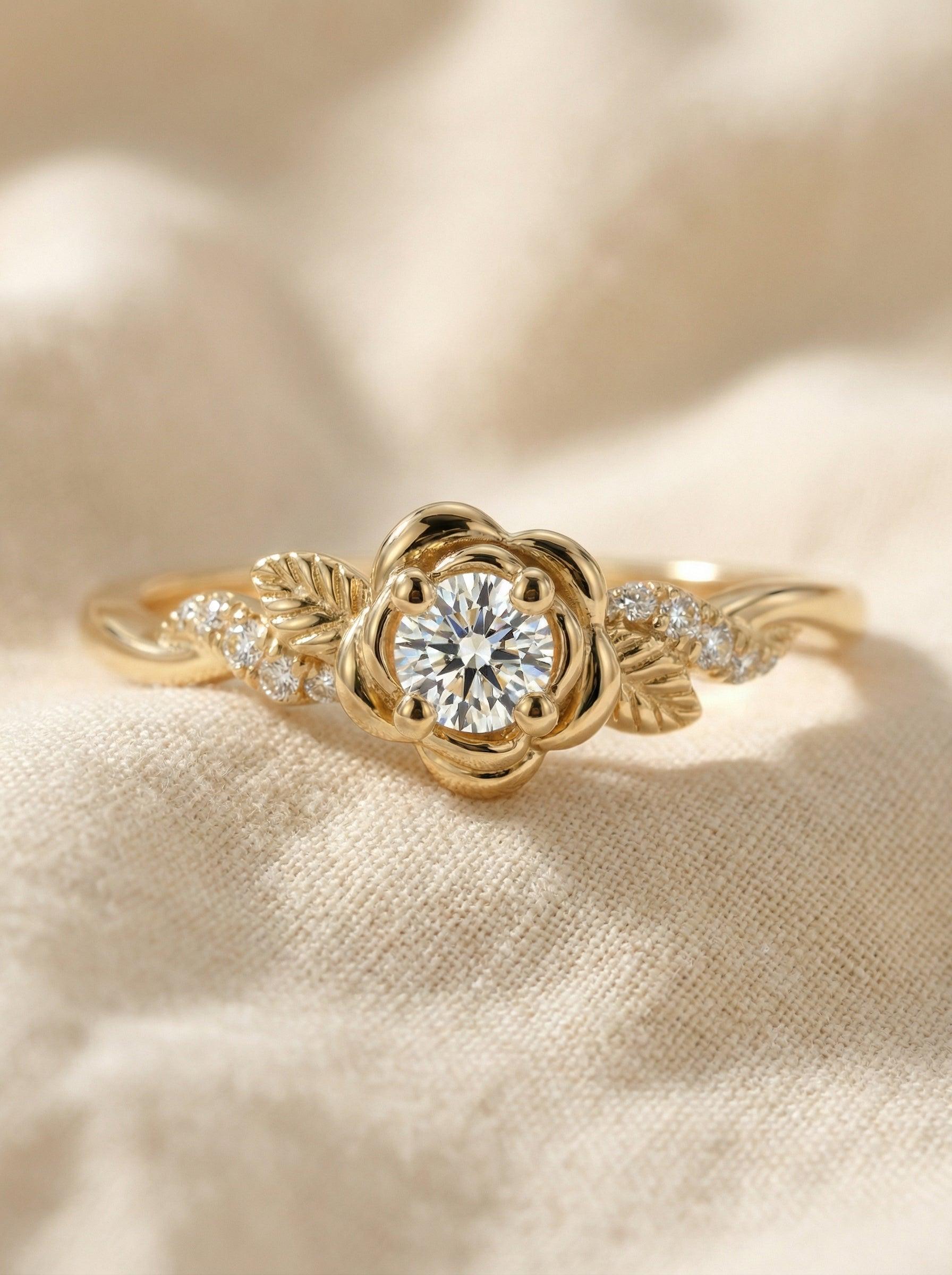 Flower Moissanite Engagement Ring, Floral Twist Promising Ring for Women, Nature Inspired Leaf Wedding Ring