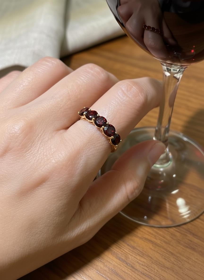 3.5 CTW Red Garnet Wedding Band, 5mm Seven Stone Anniversary Ring, January Birthstone Jewelry Gift