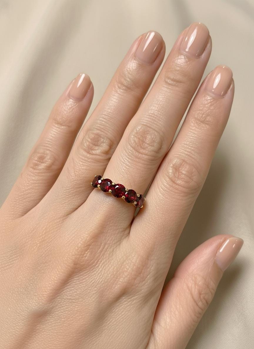 3.5 CTW Red Garnet Wedding Band, 5mm Seven Stone Anniversary Ring, January Birthstone Jewelry Gift