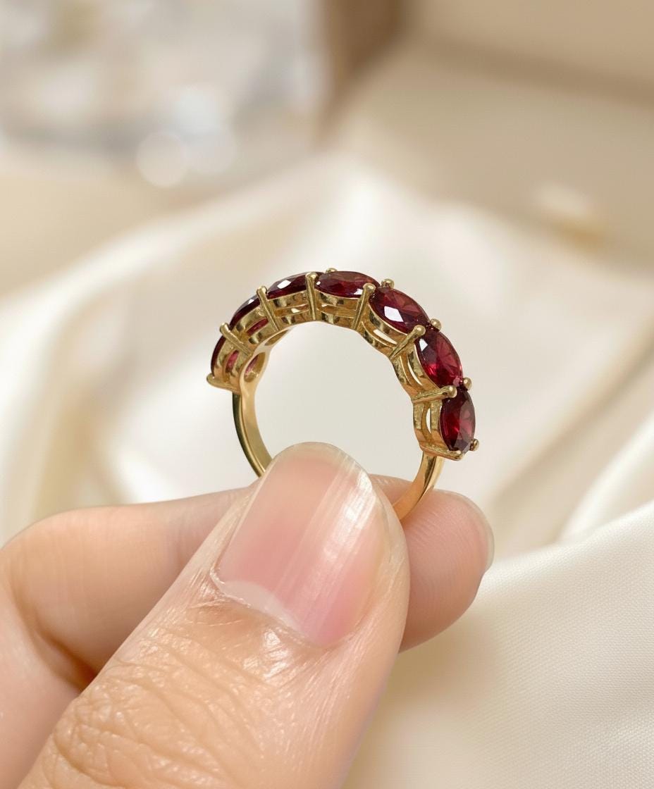 3.5 CTW Red Garnet Wedding Band, 5mm Seven Stone Anniversary Ring, January Birthstone Jewelry Gift