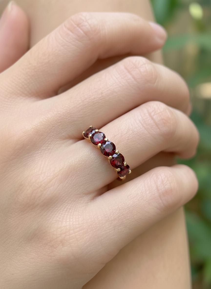 3.5 CTW Red Garnet Wedding Band, 5mm Seven Stone Anniversary Ring, January Birthstone Jewelry Gift