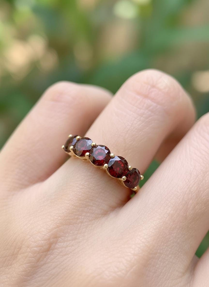 3.5 CTW Red Garnet Wedding Band, 5mm Seven Stone Anniversary Ring, January Birthstone Jewelry Gift