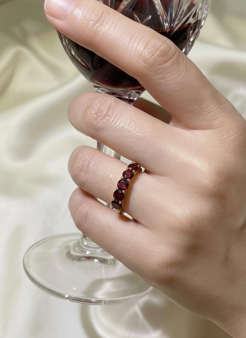 3.5 CTW Red Garnet Wedding Band, 5mm Seven Stone Anniversary Ring, January Birthstone Jewelry Gift
