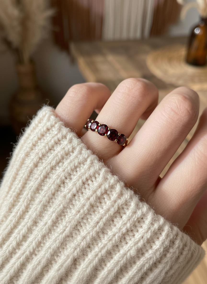 3.5 CTW Red Garnet Wedding Band, 5mm Seven Stone Anniversary Ring, January Birthstone Jewelry Gift
