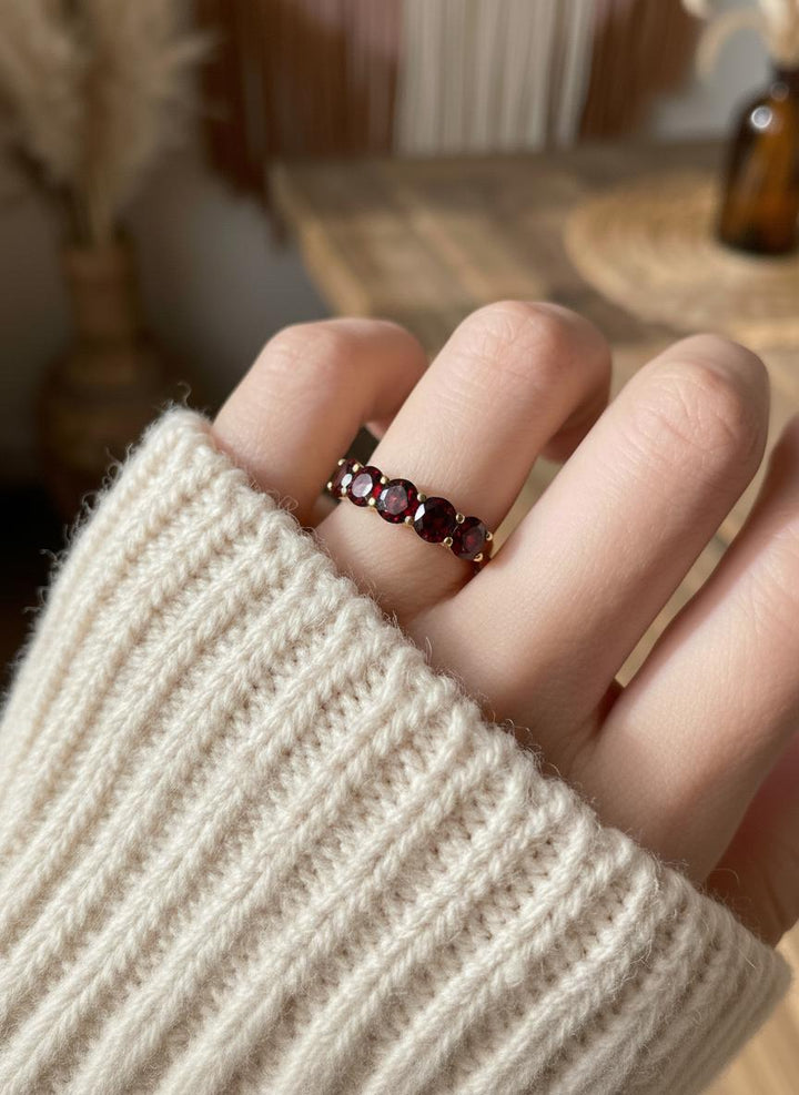 3.5 CTW Red Garnet Wedding Band, 5mm Seven Stone Anniversary Ring, January Birthstone Jewelry Gift