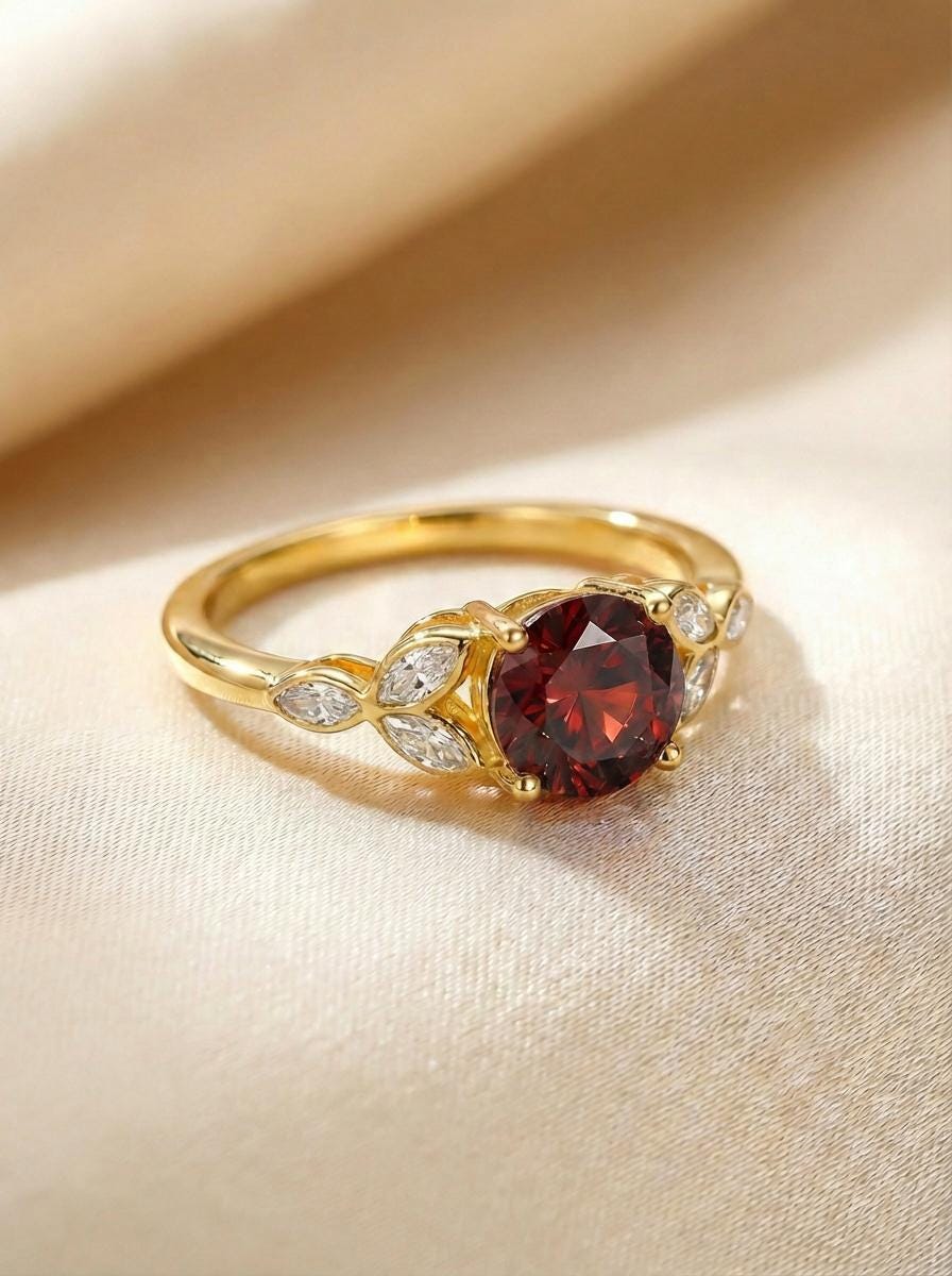 Art Deco Garnet Cluster Engagement Ring, January Birthstone Ring, Round Marquise Garnet Promise Ring, Anniversary Gift for Her