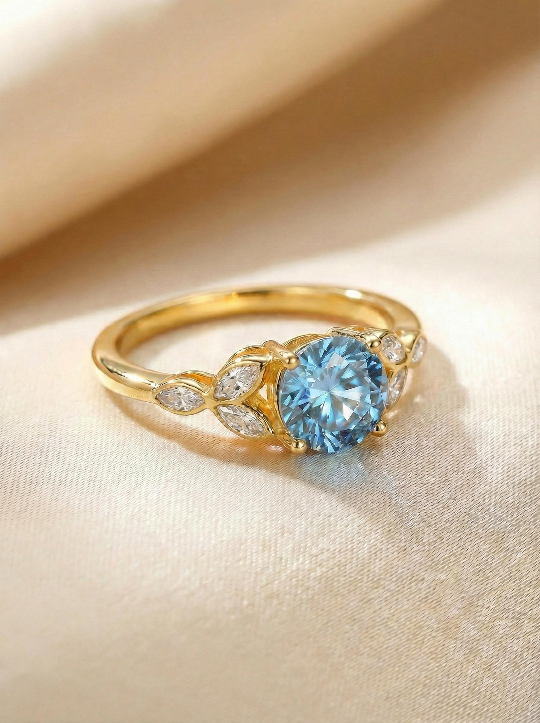 Art Deco Aquamarine Cluster Engagement Ring, March Birthstone Ring, Round Marquise Aquamarine Anniversary Promise Ring