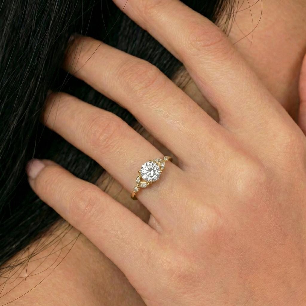 Art Deco Moissanite Cluster Engagement Ring, Round Marquise Moissanite Bridal Ring, Vintage Anniversary Promise Ring for Her