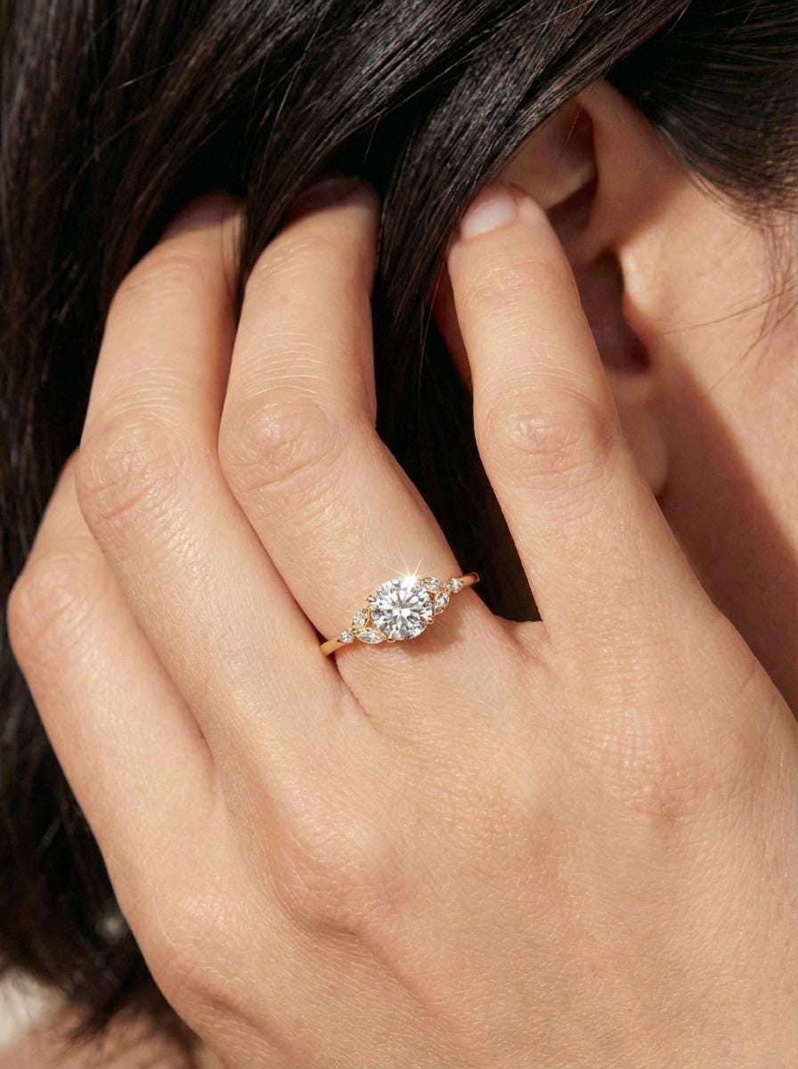Art Deco Moissanite Cluster Engagement Ring, Round Marquise Moissanite Bridal Ring, Vintage Anniversary Promise Ring for Her