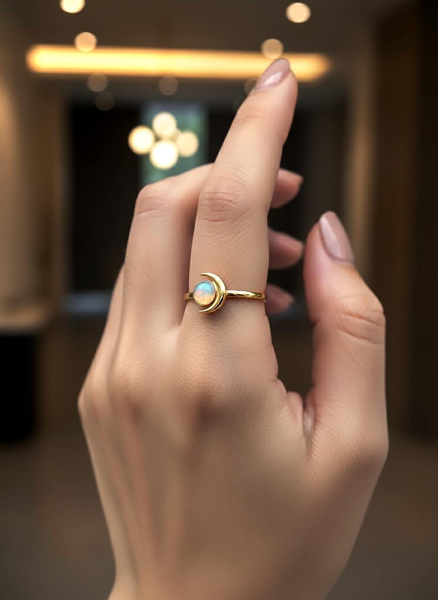 Crescent Moon Opal Ring, 18K Gold Plated White Fire Opal Ring Celestial Space Gift for Her, Best Friend Gift, Crescent Moon Jewelry
