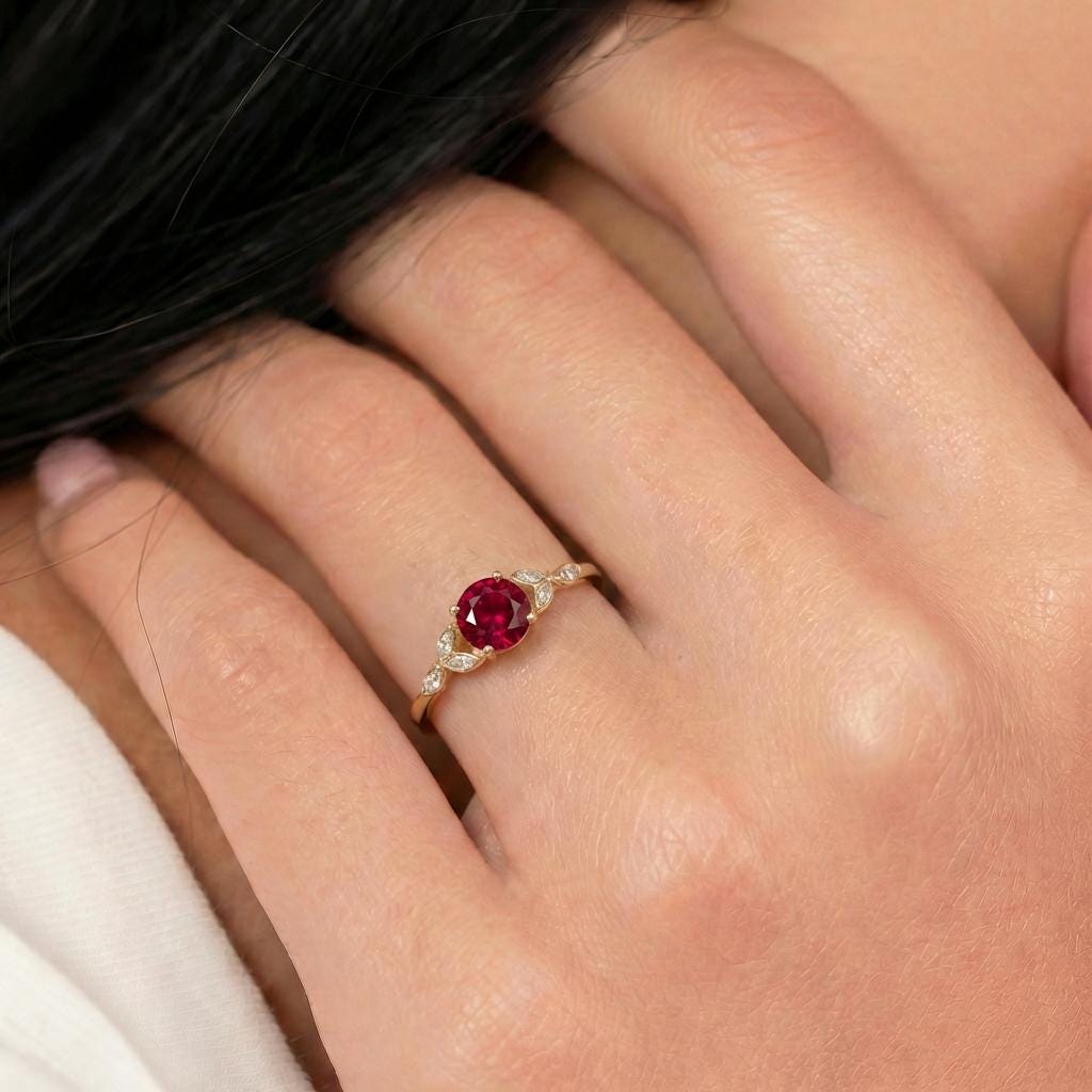 Art Deco Ruby Cluster Engagement Ring, July Birthstone Ring, Round Ruby Marquise Bridal Promise Ring, Anniversary Gift for Her