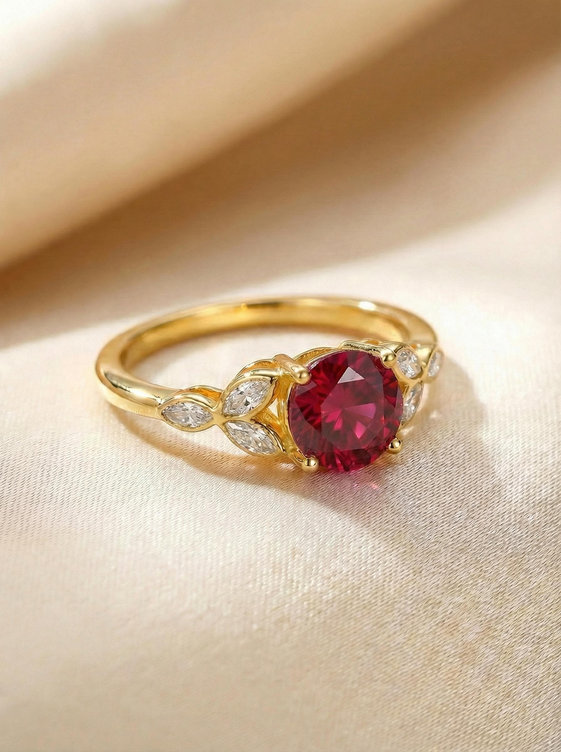Art Deco Ruby Cluster Engagement Ring, July Birthstone Ring, Round Ruby Marquise Bridal Promise Ring, Anniversary Gift for Her