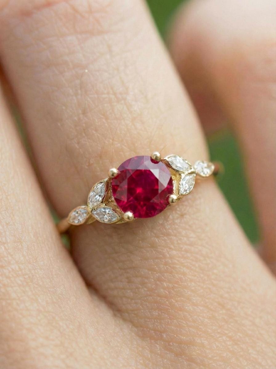 Art Deco Ruby Cluster Engagement Ring, July Birthstone Ring, Round Ruby Marquise Bridal Promise Ring, Anniversary Gift for Her