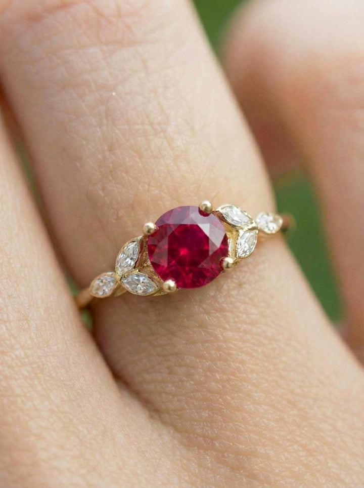 Art Deco Ruby Cluster Engagement Ring, July Birthstone Ring, Round Ruby Marquise Bridal Promise Ring, Anniversary Gift for Her