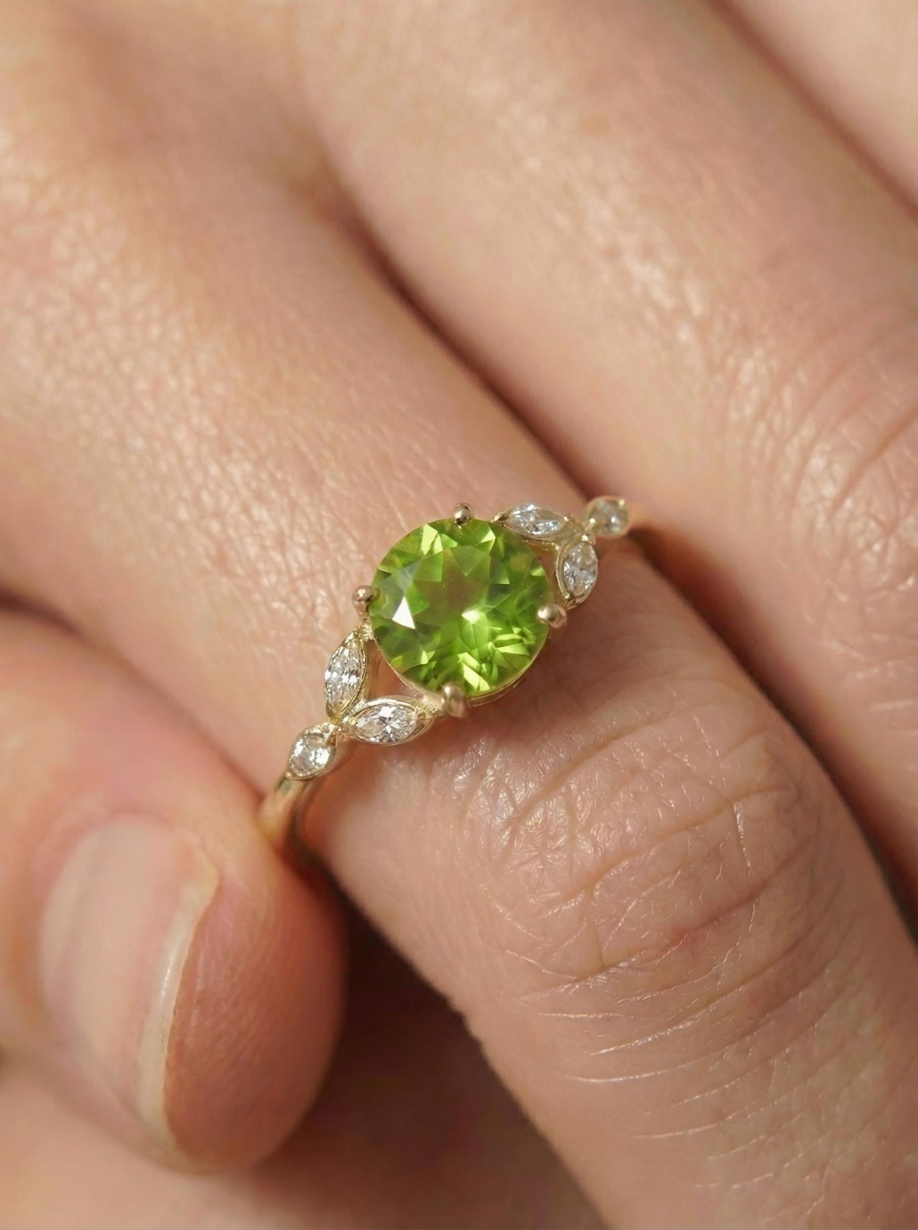 Art Deco Peridot Cluster Engagement Ring, August Birthstone Ring, Round Peridot and Marquise Anniversary Ring, Bridal Promise Ring