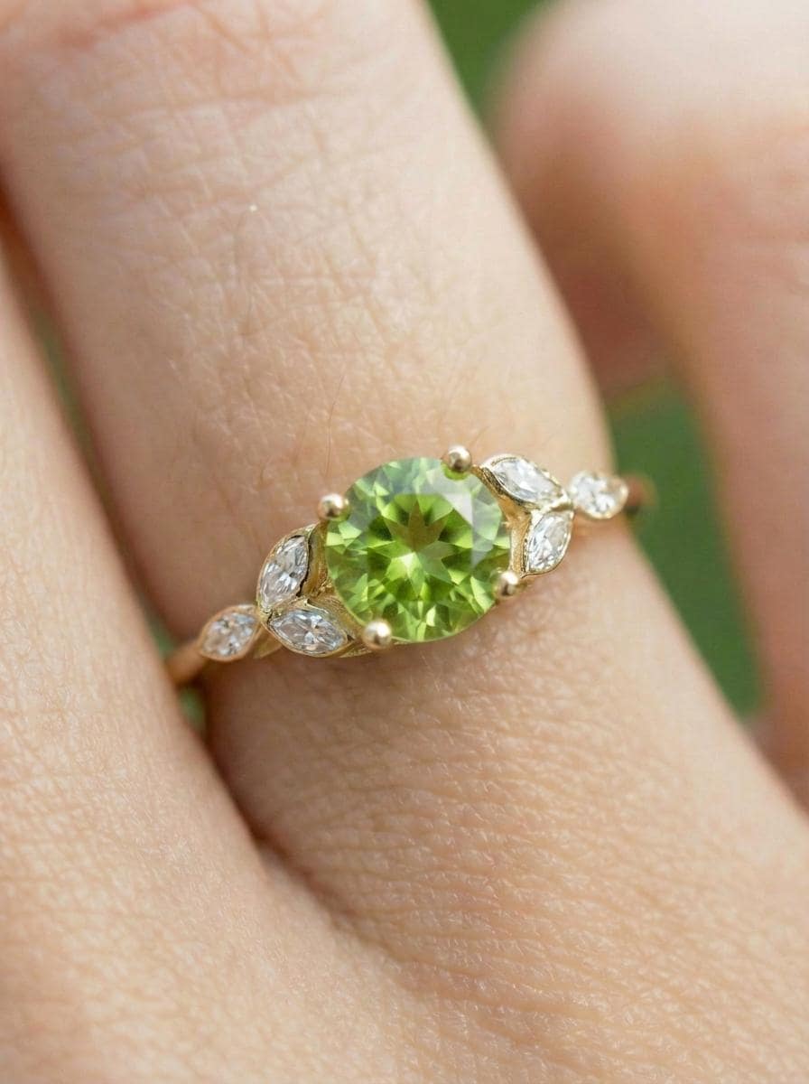 Art Deco Peridot Cluster Engagement Ring, August Birthstone Ring, Round Peridot and Marquise Anniversary Ring, Bridal Promise Ring