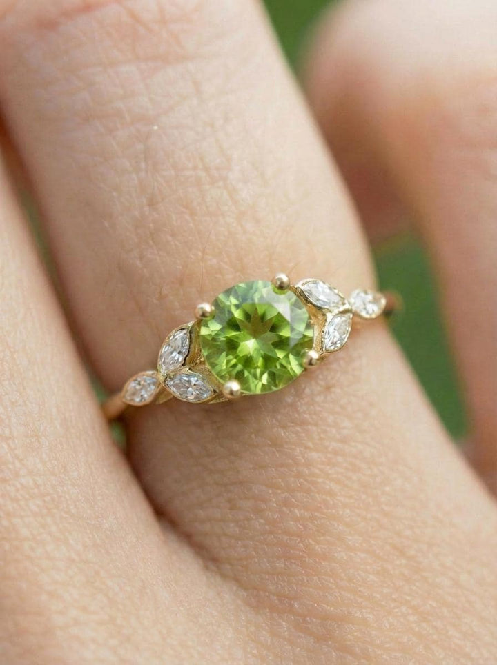 Art Deco Peridot Cluster Engagement Ring, August Birthstone Ring, Round Peridot and Marquise Anniversary Ring, Bridal Promise Ring