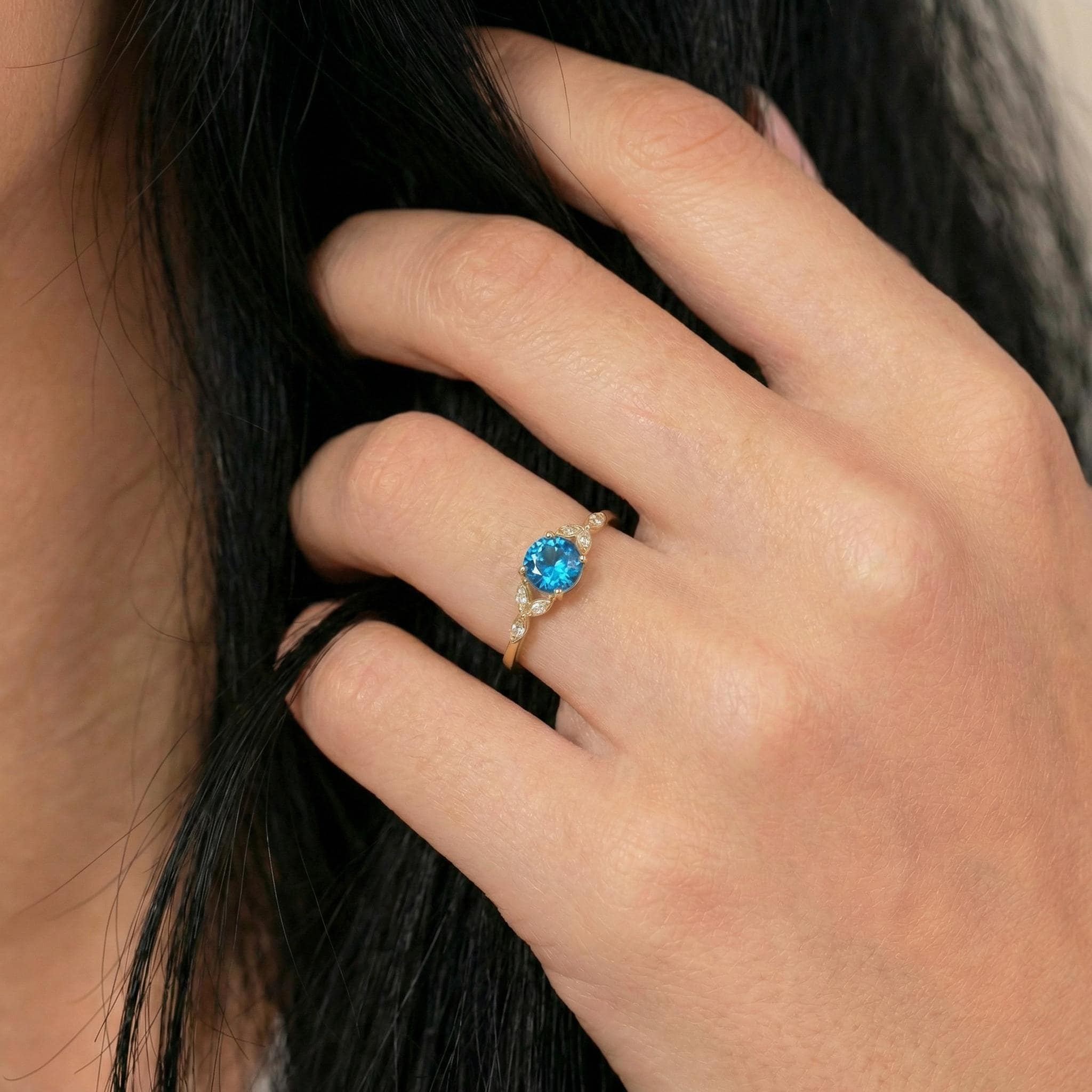 Art Deco Blue Zircon Engagement Ring, December Birthstone Cluster Ring, Vintage Bridal Promise Ring, Anniversary Gift for Her