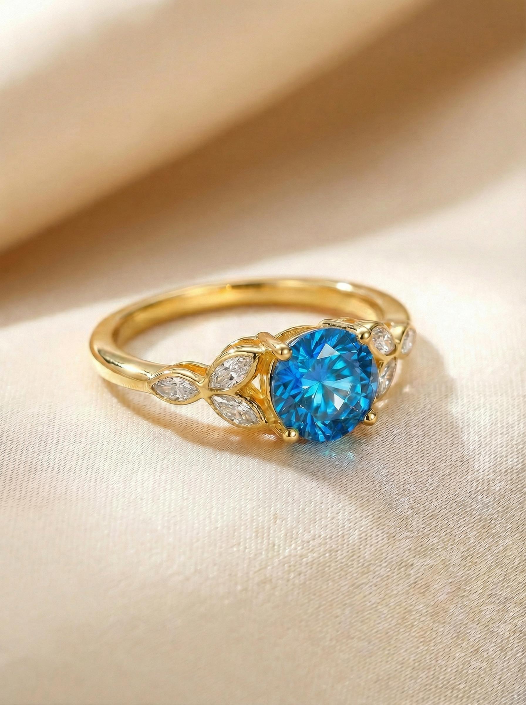 Art Deco Blue Zircon Engagement Ring, December Birthstone Cluster Ring, Vintage Bridal Promise Ring, Anniversary Gift for Her