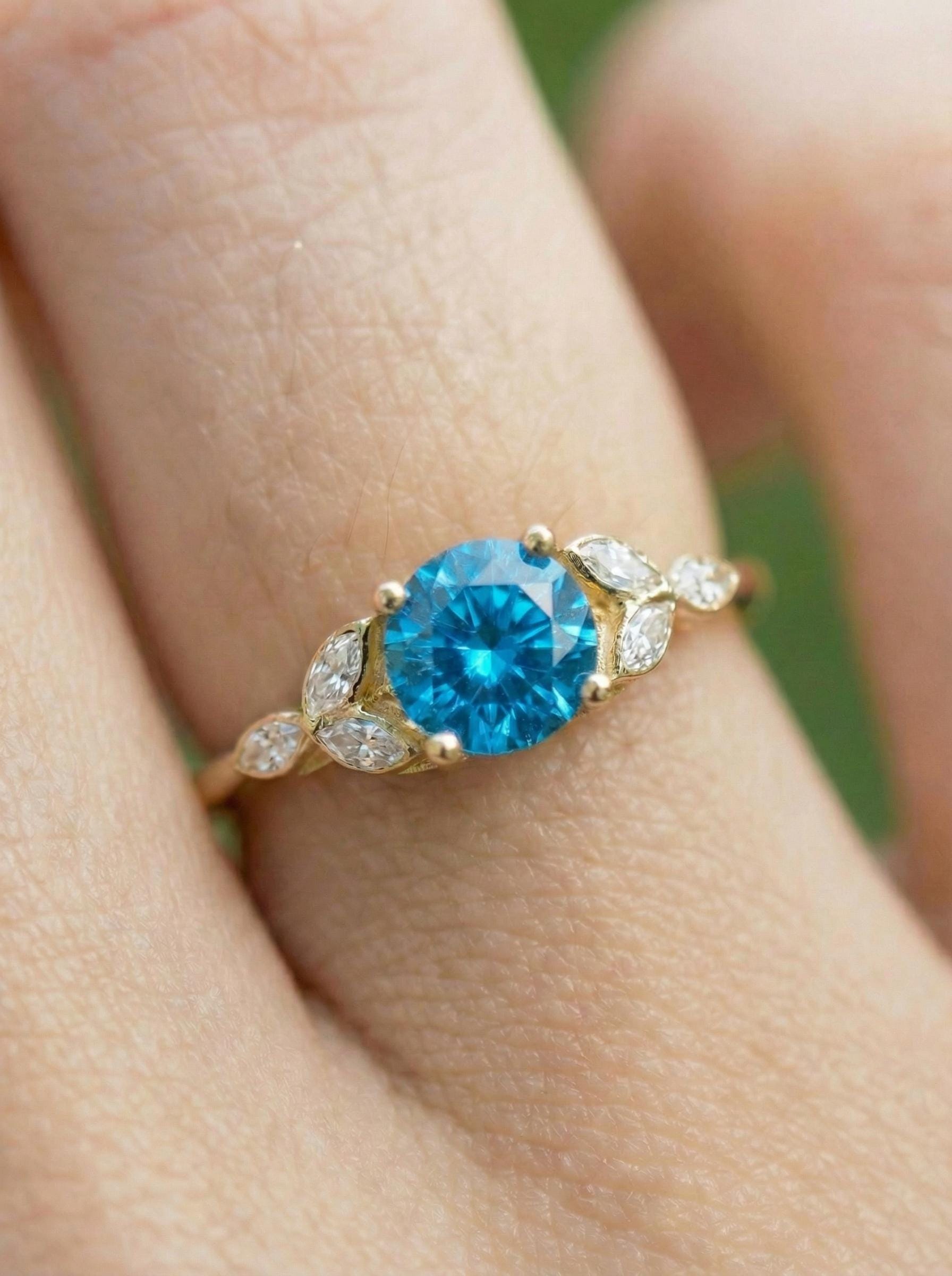 Art Deco Blue Zircon Engagement Ring, December Birthstone Cluster Ring, Vintage Bridal Promise Ring, Anniversary Gift for Her