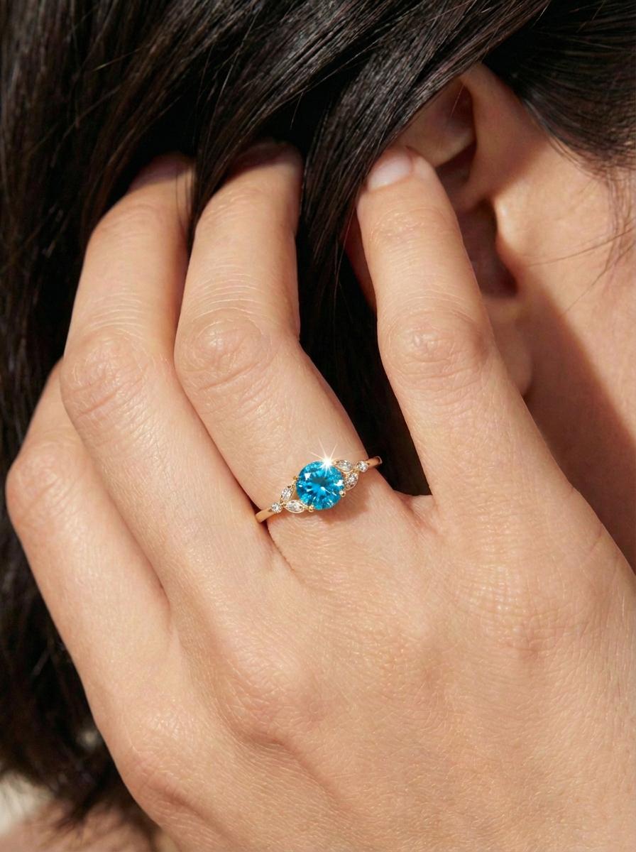 Art Deco Blue Zircon Engagement Ring, December Birthstone Cluster Ring, Vintage Bridal Promise Ring, Anniversary Gift for Her